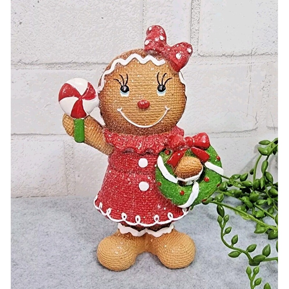 Gingerbread Girl Figurine Christmas Resin Peppermint Candy Tabletop Decor 7"